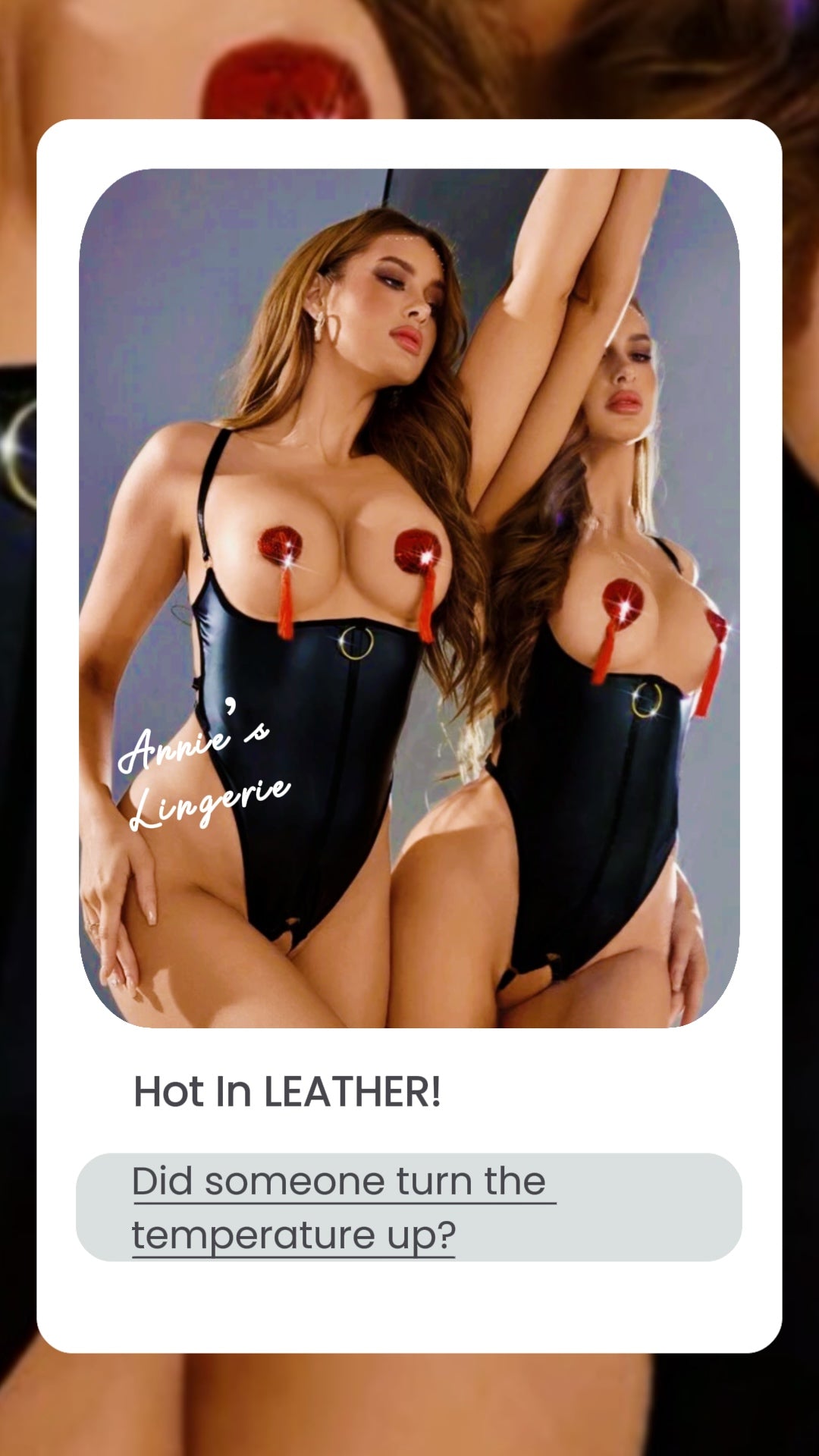 Cup-Less Leather Bodysuit With Red Nipple Covers.